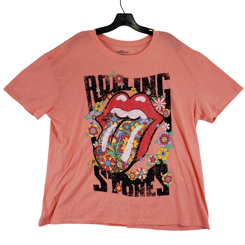 Rolling Stones Floral Tongue T-Shirt Womens XXL Coral Rock Band Graphic Tee